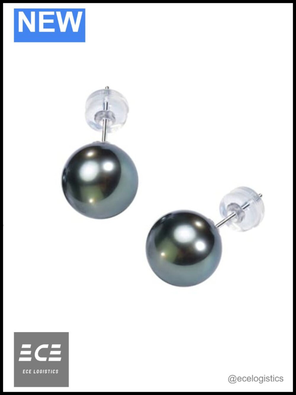 Tahitian Black Pearl Stud Earrings 18K White Gold Plated Sterling Silver